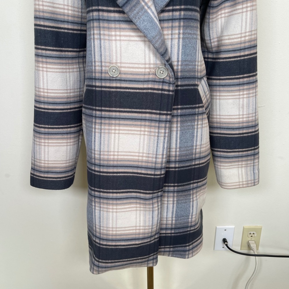 Hollister Plaid Double Breasted Trench Pea‎ Coat Womens M Beige Blue Gray Lined - Picture 4 of 10